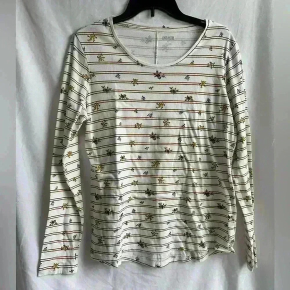 Duluth Trading Co White Striped Floral Long Sleeve 100% Cotton Shirt Size M - Picture 1 of 3